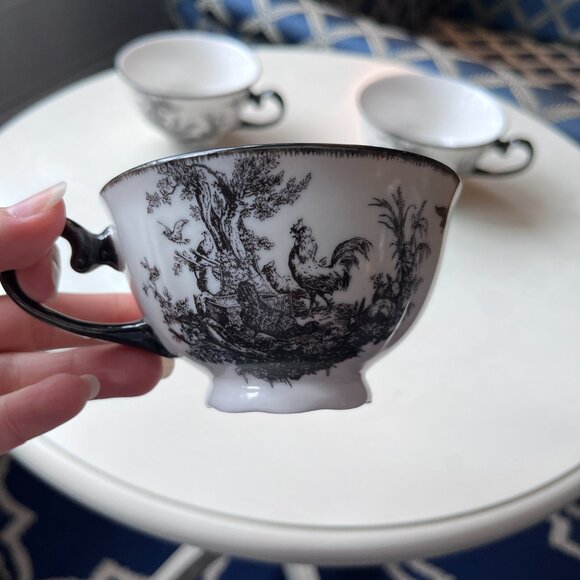 3 Aux Au Provence French Country Black and white Teacups with chickens/rabbit - Picture 6 of 15